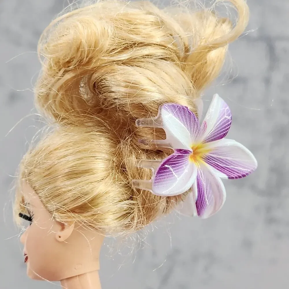 3 pc Hawaiian Flower Claw Clip Set - Hair Accessories Purple & White Plumeria